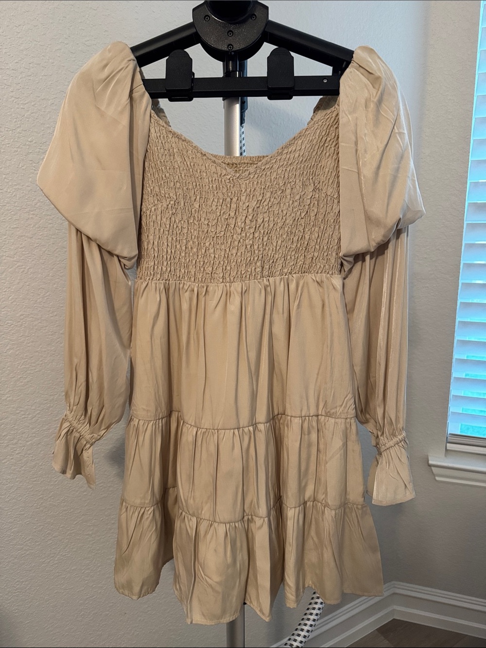 Beige Smocked Puff-Sleeve Women’s Dress